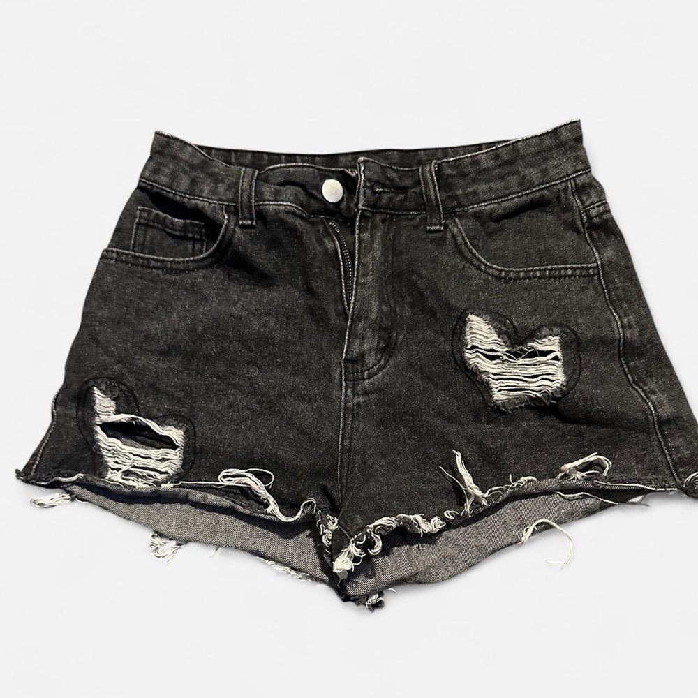 Distressed Black Denim Shorts Heart Cut-Outs